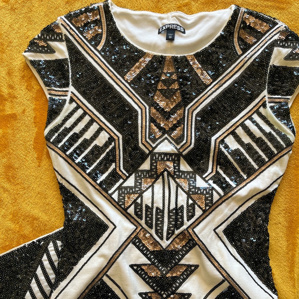 Express Sequin Bodycon Party Dress Gold, Black, White Size XS